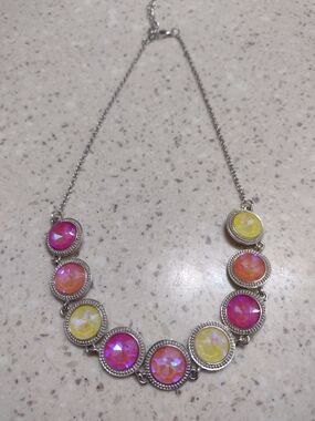 Women's Silver-Tone Multicolor Crystal Necklace - Pink & Yellow